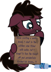 Size: 653x933 | Tagged: safe, artist:lightningbolt, derpibooru exclusive, earth pony, pony, g4, .svg available, bring me the horizon, clothes, colored pupils, disguised seapony, facial hair, floppy ears, frown, hoof hold, hoof over mouth, jewelry, jordan fish, lidded eyes, long sleeves, male, necklace, ponified, pony shaming, shirt, show accurate, sign, simple background, sitting, solo, stallion, svg, transparent background, vector, water bottle