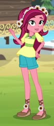 Size: 402x943 | Tagged: safe, screencap, gloriosa daisy, human, equestria girls, g4, my little pony equestria girls: legend of everfree, beautiful, clothes, cropped, denim shorts, female, flower, flower in hair, freckles, geode of fauna, geode of shielding, geode of sugar bombs, geode of super speed, geode of super strength, grass, legs, magical geodes, sexy, shoes, shorts, smiling, solo, tomboy, water