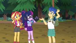 Size: 1920x1080 | Tagged: safe, screencap, flash sentry, sci-twi, sunset shimmer, twilight sparkle, equestria girls, g4, my little pony equestria girls: legend of everfree, backpack, beautiful, camp everfree outfits, camp shorts, cargo shorts, clothes, denim shorts, everfree forest, glasses, legs, ponytail, sexy, shirt, shorts, socks, t-shirt, tomboy
