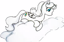 Size: 2970x1968 | Tagged: safe, artist:mengchiao, princess tiffany, pegasus, pony, g1, g4, cloud, female, g1 to g4, generation leap, looking down, mare, on a cloud, princess pony, solo