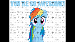 Size: 3840x2160 | Tagged: safe, artist:poniesmemes, rainbow dash, pegasus, pony, g4, black bars, blue text, high res, letterboxing, looking at you, photoshop, scratches, simple background, text, wall, wallpaper, white background