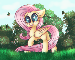 Size: 1280x1035 | Tagged: safe, artist:ponycide, fluttershy, butterfly, pegasus, pony, g4, cute, female, floppy ears, folded wings, looking at you, mare, outdoors, raised hoof, shyabetes, smiling, solo, standing, wings