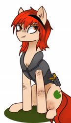 Size: 1297x2242 | Tagged: artist needed, safe, oc, oc only, oc:honeybell, earth pony, pony, brown eyes, earth pony oc, female, freckles, mare, police pony, police uniform, redhead, solo, taser, weapon