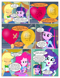 Size: 612x792 | Tagged: safe, artist:greatdinn, artist:newbiespud, edit, edited screencap, screencap, applejack, pinkie pie, rarity, comic:friendship is dragons, equestria girls, g4, my little pony equestria girls, balloon, balloon popping, bottle, cider, clothes, collaboration, comic, crossed arms, cutie mark on clothes, dialogue, eyes closed, freckles, grin, hat, heart balloon, needle, open mouth, party balloon, popping, screencap comic, smiling, tape, thinking, unamused