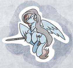 Size: 2048x1899 | Tagged: safe, artist:modularpon, oc, oc:pegasusgamer, pegasus, pony, badass, chest fluff, cloak, clothes, full body, hoodie, jewelry, necklace, sword, watermark, weapon, wings