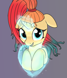 Size: 2990x3459 | Tagged: safe, artist:wenni, oc, oc only, oc:sheron, pony, unicorn, female, gradient background, heart, high res, looking at you, magic, mare, ponytail, simple background, smiling, solo
