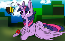 Size: 1920x1200 | Tagged: safe, artist:brainiac, derpibooru exclusive, twilight sparkle, alicorn, bee, insect, pony, g4, chest fluff, cute, female, flower, minecraft, minecraft bee, prone, solo, spread wings, twiabetes, twilight sparkle (alicorn), warm up doodle, wings