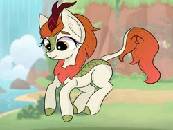 Size: 1600x1200 | Tagged: safe, artist:janelearts, autumn blaze, kirin, g4, sounds of silence, female, jumping, looking down, solo, waterfall