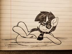 Size: 2560x1920 | Tagged: safe, artist:thebadbadger, oc, oc only, oc:astatine, pony, lined paper, solo, sunglasses, traditional art
