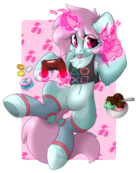 Size: 5319x6681 | Tagged: safe, artist:spoopygander, oc, oc only, oc:scoops, pony, unicorn, :p, bits, chest fluff, clothes, coin, controller, fishnet stockings, food, gamer girl, gamer girl bath water, ice cream, looking at you, magic, markings, money, playstation 4, smiling, socks, solo, tank top, tongue out, underhoof