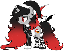 Size: 2940x2343 | Tagged: safe, artist:aestheticallylithi, artist:mint-light, oc, oc only, oc:merry mischief, alicorn, bat pony, bat pony alicorn, pony, alicorn oc, base used, bat pony oc, bat wings, bowtie, christmas, clothes, coat, ear piercing, earring, eyeshadow, female, freckles, halloween, hat, heart eyes, high res, holiday, horn, horn ring, jack-o-lantern, jewelry, makeup, mare, piercing, pumpkin, santa hat, simple background, snow, snowflake, snowman, socks, solo, striped socks, transparent background, watermark, wingding eyes, wings