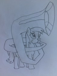 Size: 1024x1366 | Tagged: safe, artist:puffedcheekedblower, derpy hooves, pony, g4, female, musical instrument, pencil drawing, puffy cheeks, solo, sousaphone, traditional art, tuba