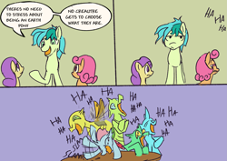 Size: 3099x2200 | Tagged: safe, artist:skunkstripe, ocellus, sandbar, changedling, changeling, earth pony, pony, g4, comic, dialogue, dumb yung-six comics, female, filly, high res, laughing, male, misspelling, sandbar is not amused, unamused