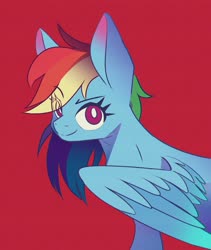 Size: 1600x1900 | Tagged: safe, artist:inkstones, rainbow dash, pegasus, pony, g4, big ears, cute, eye clipping through hair, eyelashes, female, mare, red background, simple background, smiling, smirk, spread wings, wings