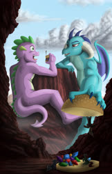 Size: 3300x5100 | Tagged: safe, artist:anadukune, princess ember, spike, dragon, pony, anthro, plantigrade anthro, g4, absurd resolution, anthro with ponies, bun (food), burger, exclamation point, fetish, food, gem, grabbing, imminent vore, macro, open mouth, picnic, sandwich, silhouette, size difference