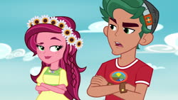 Size: 1920x1080 | Tagged: safe, screencap, gloriosa daisy, timber spruce, human, equestria girls, g4, my little pony equestria girls: legend of everfree, brother and sister, camp everfree outfits, crossed arms, female, flower, flower in hair, geode of fauna, geode of shielding, geode of sugar bombs, geode of super speed, geode of super strength, magical geodes, male, siblings, sky