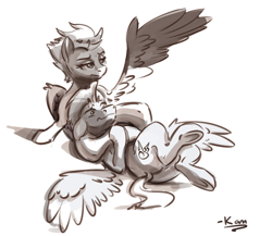 Size: 2011x1746 | Tagged: safe, artist:kam, spitfire, thunderlane, pegasus, pony, g4, choking, commission, female, floppy ears, male, mare, monochrome, simple background, sports, spread wings, stallion, wings, wonderbolts, wrestling