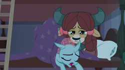 Size: 1920x1080 | Tagged: safe, screencap, ocellus, yona, changedling, changeling, yak, 2 4 6 greaaat, g4, bed, bed bug, blanket, bow, bunk bed, cloven hooves, cute, diaocelles, dormitory, duo, female, hair bow, ladder, monkey swings, pillow, sleeping, yonadorable