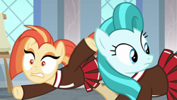 Size: 1920x1080 | Tagged: safe, screencap, lighthoof, shimmy shake, earth pony, pony, 2 4 6 greaaat, g4, cheerleader, cheerleader outfit, classroom, clothes, duo, faic, falling, female, implied snips, looking back, window