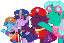 Size: 1585x1071 | Tagged: safe, artist:徐詩珮, fizzlepop berrytwist, glitter drops, spring rain, tempest shadow, twilight sparkle, alicorn, pony, unicorn, series:sprglitemplight diary, series:sprglitemplight life jacket days, series:springshadowdrops diary, series:springshadowdrops life jacket days, g4, alternate universe, base used, bisexual, broken horn, clothes, cute, equestria girls outfit, female, glitterbetes, horn, lesbian, lifeguard, lifeguard spring rain, paw patrol, polyamory, ship:glitterlight, ship:glittershadow, ship:sprglitemplight, ship:springdrops, ship:springlight, ship:springshadow, ship:springshadowdrops, ship:tempestlight, shipping, simple background, singing, springbetes, swimsuit, tempestbetes, transparent background, twilight sparkle (alicorn)