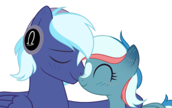 Size: 1713x1080 | Tagged: safe, oc, oc:moonlight drop, pegasus, pony, blushing, boop, bust, cuddling, cute, duo, eyes closed, female, headphones, male, mare, oc x oc, scrunchy face, shipping, simple background, stallion, straight, transparent background
