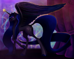 Size: 5000x4000 | Tagged: safe, artist:teridax63, oc, oc only, oc:probabilite, alicorn, pony, alicorn oc, curtains, cutie mark, equation, eyeshadow, female, glowing horn, horn, impossibly long tail, large wings, lidded eyes, long legs, long mane, long tail, looking at you, makeup, mare, math, profile, raised hoof, smiling, solo, spread wings, stray strand, wings