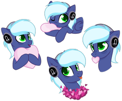 Size: 1600x1327 | Tagged: safe, oc, oc only, oc:moonlight drop, pony, cute, headphones, heart, hug, pillow, pillow hug, simple background, solo, tongue out, transparent background