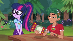 Size: 1920x1080 | Tagged: safe, screencap, sci-twi, timber spruce, twilight sparkle, human, equestria girls, g4, my little pony equestria girls: legend of everfree, camp everfree logo, camp everfree outfits, clothes, female, glasses, male, ponytail
