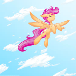 Size: 900x900 | Tagged: safe, artist:hoshinousagi, scootaloo, pegasus, pony, g4, alternate cutie mark, cloud, eyes closed, female, filly, flying, scootaloo can fly, smiling, solo, spread wings, wings