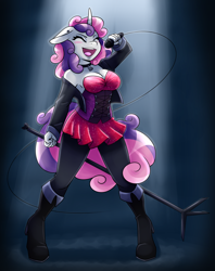 Size: 1294x1631 | Tagged: safe, artist:ambris, sweetie belle, unicorn, anthro, g4, adorasexy, bell, bell collar, blushing, boots, breasts, busty sweetie belle, choker, cleavage, clothes, collar, corset, cute, diasweetes, dress, ear piercing, earring, eyes closed, female, floppy ears, high heel boots, high heels, jacket, jewelry, leggings, mare, microphone, microphone stand, miniskirt, older, older sweetie belle, open jacket, open mouth, pantyhose, piercing, rocker, sexy, shoes, singer, singing, skirt, solo, sparkles, spotlight
