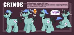 Size: 1280x604 | Tagged: safe, artist:cadetredshirt, oc, oc only, oc:cringe, earth pony, pony, body pillow, clothes, different angles, dizzy, eyes closed, fedora, five o'clock shadow, hat, orange eyes, reference sheet, solo, tired