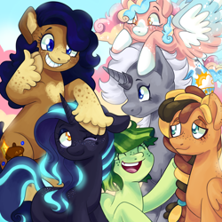 Size: 1500x1500 | Tagged: safe, artist:trinoids, oc, oc only, alicorn, earth pony, pegasus, pony, unicorn, alicorn oc, blaze (coat marking), cloven hooves, coat markings, commission, cutie mark, ethereal mane, eyes closed, facial markings, female, freckles, friendship, glowing mane, grin, horn, mare, open mouth, smiling, socks (coat markings), starry mane
