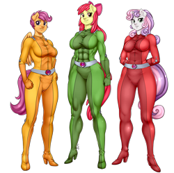Size: 1005x1000 | Tagged: safe, artist:pia-sama, apple bloom, scootaloo, sweetie belle, earth pony, pegasus, unicorn, anthro, g4, abs, apple brawn, arm behind back, bodysuit, boots, breasts, busty apple bloom, busty cmc, busty scootaloo, busty sweetie belle, catsuit, clothes, commission, cosplay, costume, cutie mark crusaders, muscles, older, older apple bloom, older cmc, older scootaloo, older sweetie belle, shoes, simple background, skinsuit, totally spies, transparent background