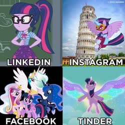 Size: 960x960 | Tagged: safe, edit, edited screencap, screencap, princess cadance, princess celestia, princess luna, sci-twi, twilight sparkle, alicorn, equestria girls, g4, my little pony equestria girls: better together, my little pony: rainbow roadtrip, official, power ponies (episode), chalkboard, dolly parton challenge, facebook, geode of telekinesis, instagram, italy, leaning tower of pisa, linkedin, magical geodes, masked matter-horn costume, meme, pisa, power ponies, tinder, twilight sparkle (alicorn), wing bling