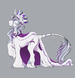 Size: 769x801 | Tagged: source needed, safe, artist:blackblood-queen, princess platinum, pony, unicorn, g4, concave belly, crown, curved horn, digital art, female, gray background, horn, jewelry, leonine tail, mare, raised hoof, regalia, simple background, solo, unshorn fetlocks