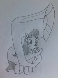 Size: 1024x1366 | Tagged: safe, artist:puffedcheekedblower, octavia melody, earth pony, pony, g4, female, musical instrument, pencil drawing, puffy cheeks, solo, sousaphone, traditional art, tuba