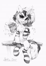 Size: 2898x4096 | Tagged: safe, artist:share dast, oc, oc only, oc:cinnamon cider, pony, unicorn, alcohol, beer, chest fluff, clothes, commissioner:narrenfucks, female, freckles, looking at you, magic, mare, mug, simple background, socks, solo, striped socks, telekinesis, white background