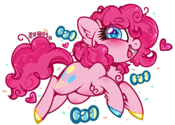 Size: 588x421 | Tagged: safe, artist:esmeia, pinkie pie, earth pony, pony, g4, blushing, bow, chest fluff, colored hooves, colored pupils, cute, diapinkes, ear fluff, eye clipping through hair, eyebrows, eyebrows visible through hair, female, heart, leg fluff, mare, open mouth, simple background, solo, transparent background