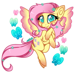 Size: 601x598 | Tagged: safe, artist:esmeia, fluttershy, butterfly, pegasus, pony, g4, chest fluff, cute, ear fluff, female, flower, flower in hair, leg fluff, looking at you, mare, shyabetes, simple background, smiling, solo, spread wings, transparent background, two toned wings, wings