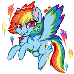 Size: 549x550 | Tagged: safe, artist:esmeia, rainbow dash, pegasus, pony, g4, cheek fluff, chest fluff, colored wings, cute, dashabetes, ear fluff, eyebrows, eyebrows visible through hair, female, lightning, looking at you, mare, multicolored wings, scar, simple background, smiling, solo, transparent background, wings