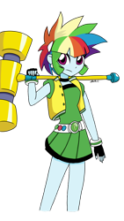 Size: 1280x2276 | Tagged: safe, artist:iamsheila, rainbow dash, equestria girls, g4, alternate hairstyle, anime style, belt, buttercup (powerpuff girls), clothes, cosplay, costume, crossover, cute, ear piercing, earring, hammer, jewelry, miniskirt, piercing, pleated skirt, powered buttercup, powerpuff girls z, ribbon, simple background, skirt, the powerpuff girls, transparent background