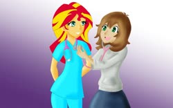 Size: 1024x641 | Tagged: safe, artist:tigerssunshyn, sunset shimmer, oc, oc:healing touch, equestria girls, g4, checkup, clothes, excited, hoodie, listening, nurse, scrubs (gear), stethoscope, teaching