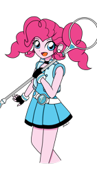 Size: 1280x2276 | Tagged: safe, artist:iamsheila, pinkie pie, equestria girls, g4, alternate hairstyle, anime style, belt, bubbles (powerpuff girls), clothes, clothes swap, cosplay, costume, crossover, cute, ear piercing, earring, female, jewelry, miniskirt, piercing, pigtails, pleated skirt, powerpuff girls z, ribbon, rolling bubbles, simple background, skirt, solo, the powerpuff girls, transparent background