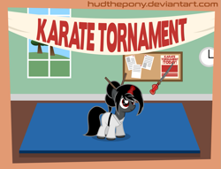 Size: 1023x781 | Tagged: safe, artist:hudthepony, oc, oc:ebony darkness, pony, unicorn, black belt, clothes, dojo, female, filly, karate, karate gi, katana, sword, weapon