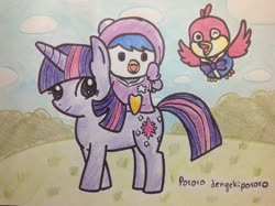 Size: 1024x765 | Tagged: safe, artist:dengekipororo, twilight sparkle, bird, hummingbird, penguin, pony, unicorn, g4, crossover, flying, harry (pororo the little penguin), looking at you, one eye closed, petty, pororo the little penguin, riding, traditional art, unicorn twilight, wink