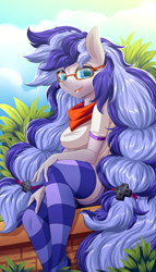 Size: 2000x3500 | Tagged: safe, artist:ask-colorsound, oc, oc only, oc:cinnabyte, anthro, adorkable, bandana, cinnabetes, clothes, cute, dork, female, glasses, high res, looking at you, meganekko, park, shirt, sitting, smiling, socks, solo, striped socks