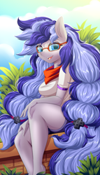 Size: 2000x3500 | Tagged: safe, alternate version, artist:ask-colorsound, oc, oc only, oc:cinnabyte, anthro, adorkable, bandana, cinnabetes, clothes, cute, dork, female, glasses, high res, looking at you, meganekko, park, shirt, sitting, smiling, solo