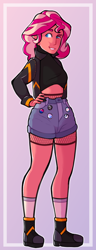 Size: 568x1481 | Tagged: safe, artist:elf-hollow, sunset shimmer, equestria girls, g4, clothes, denim shorts, female, hand on hip, jacket, legs, sexy, shirt, shoes, shorts, smiling, socks, solo, tomboy
