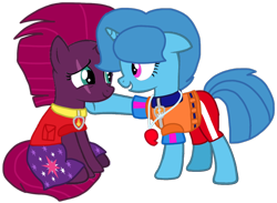 Size: 1306x957 | Tagged: safe, artist:徐詩珮, fizzlepop berrytwist, spring rain, tempest shadow, pony, unicorn, series:sprglitemplight diary, series:sprglitemplight life jacket days, series:springshadowdrops diary, series:springshadowdrops life jacket days, g4, base used, broken horn, clothes, cute, female, horn, lesbian, lifeguard, lifeguard spring rain, paw patrol, ship:springshadow, shipping, simple background, springbetes, swimsuit, tempestbetes, transparent background