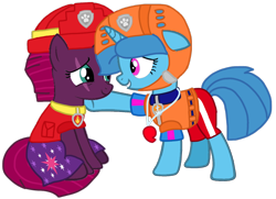 Size: 1314x952 | Tagged: safe, artist:徐詩珮, fizzlepop berrytwist, spring rain, tempest shadow, pony, unicorn, series:sprglitemplight diary, series:sprglitemplight life jacket days, series:springshadowdrops diary, series:springshadowdrops life jacket days, g4, base used, broken horn, clothes, cute, female, horn, lesbian, lifeguard, lifeguard spring rain, paw patrol, ship:springshadow, shipping, simple background, springbetes, swimsuit, tempestbetes, transparent background